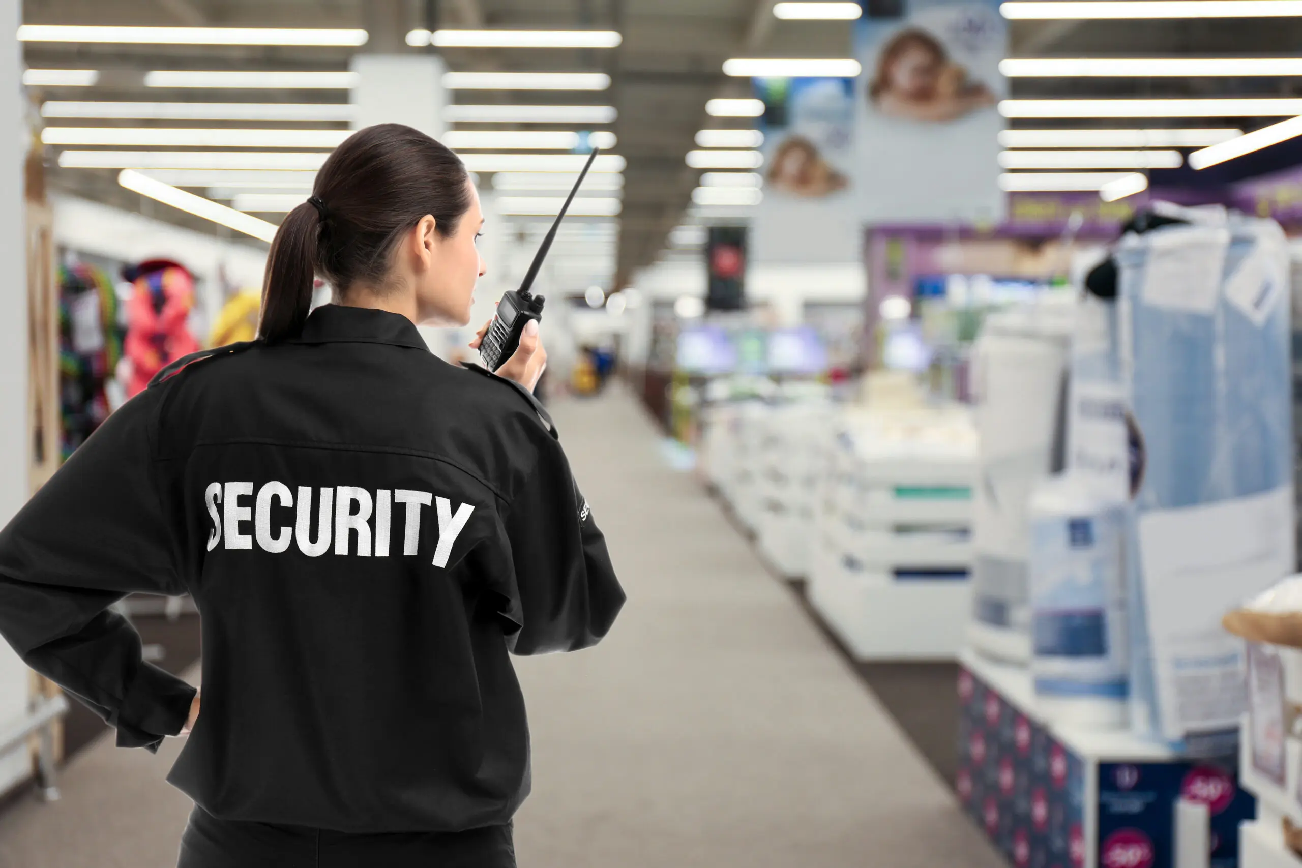 Security guard patrolling retail store